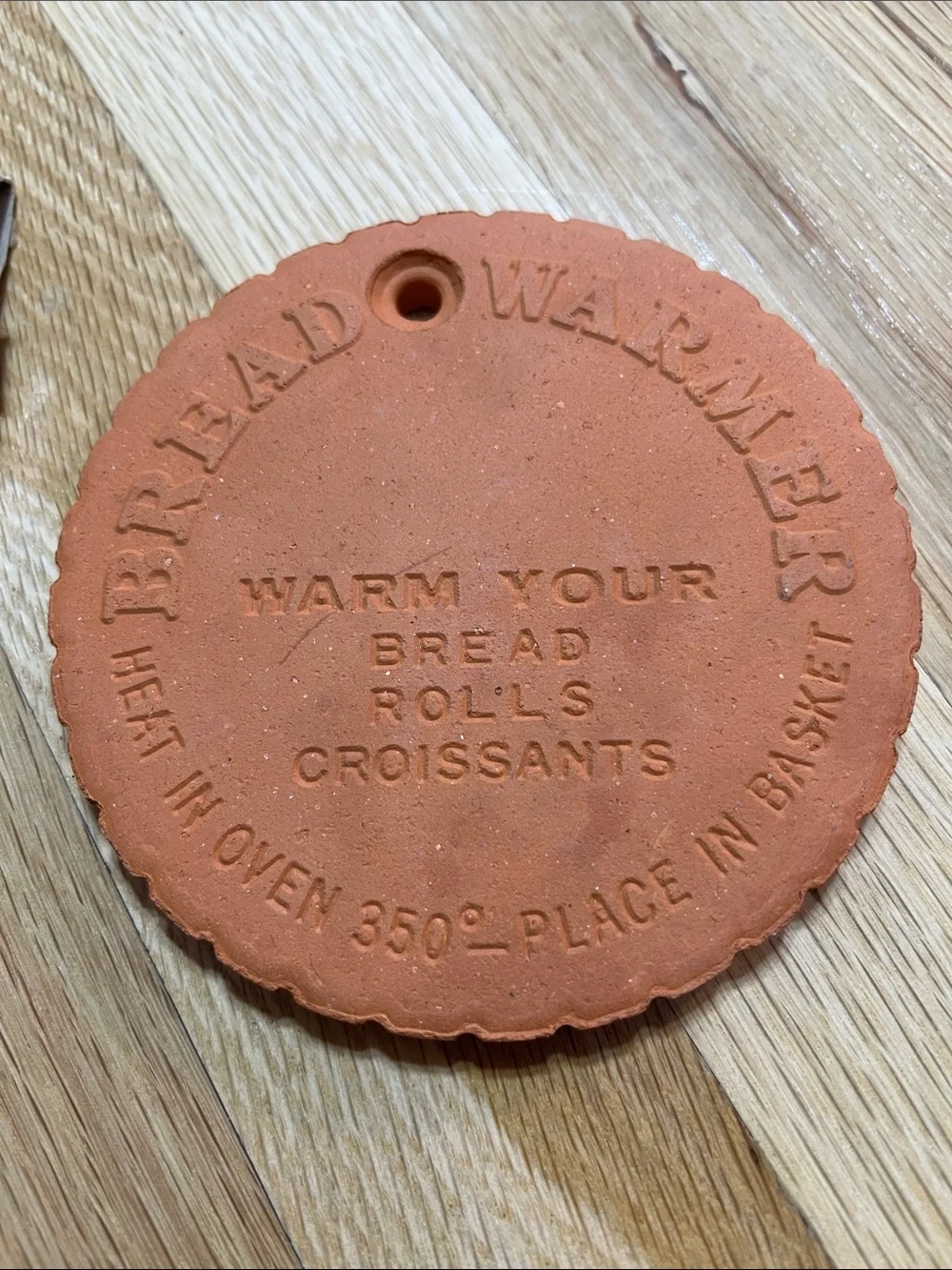 Vintage 1980s Terra Cotta Bread Warmer - Orange Terracotta 4 3/4” Round Disc